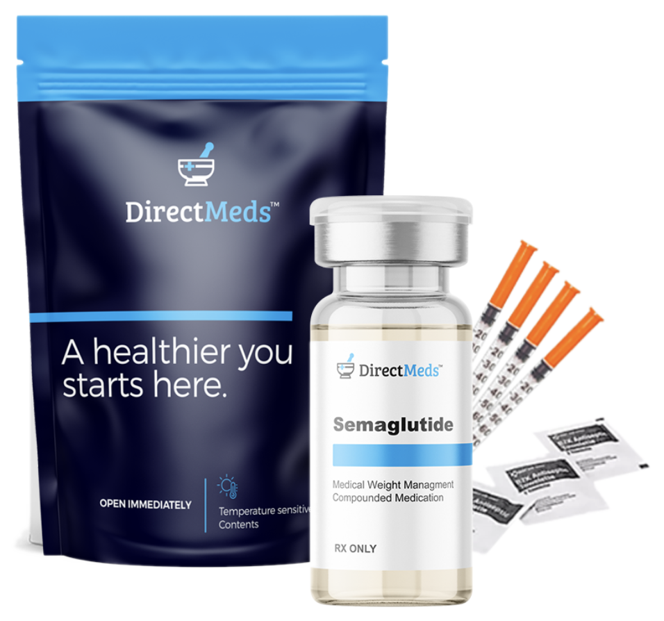 Direct Meds semaglutide medication kit with vial, pouch and supplies